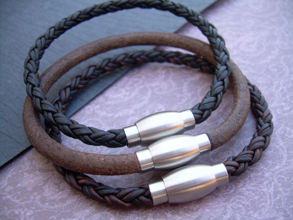 Mens Leather Bracelet With Stainless Steel Magnetic Clasp