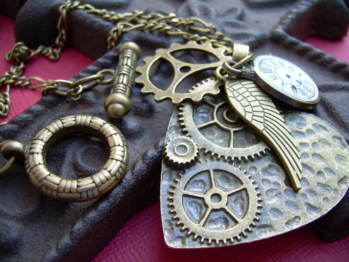 Necklace, Pendant, Charms Of Antique Bronze, Steampunk Necklace, Womens Necklace