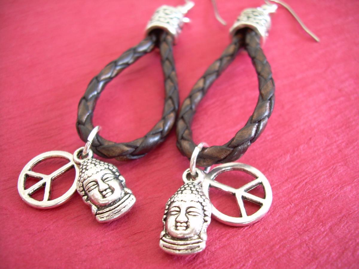 Earrings, Braided Leather Earrings, Antique Brown Braided, Buddha, Peace Sign