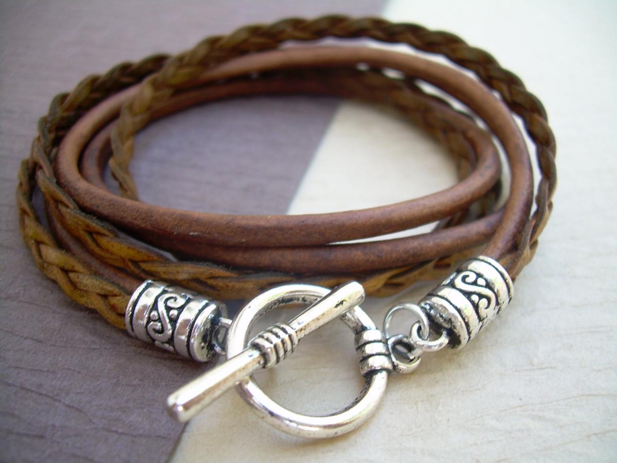 Triple Wrap Leather Bracelet With Toggle Clasp, Mens, Womens, Unisex,- Light Antique Brown