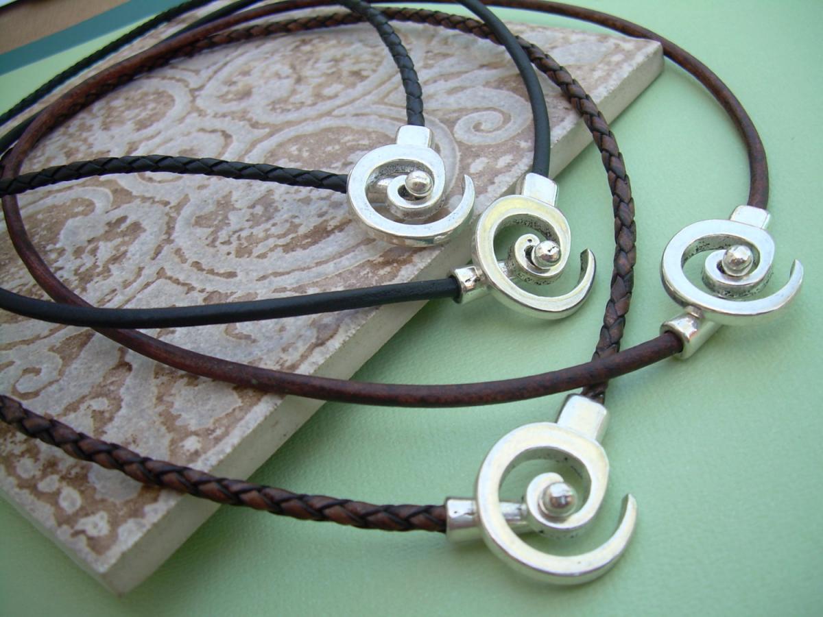 Leather Necklace Men's Women's Unisex - Antique Silver -tribal Inspired Spiral Pendant Closure