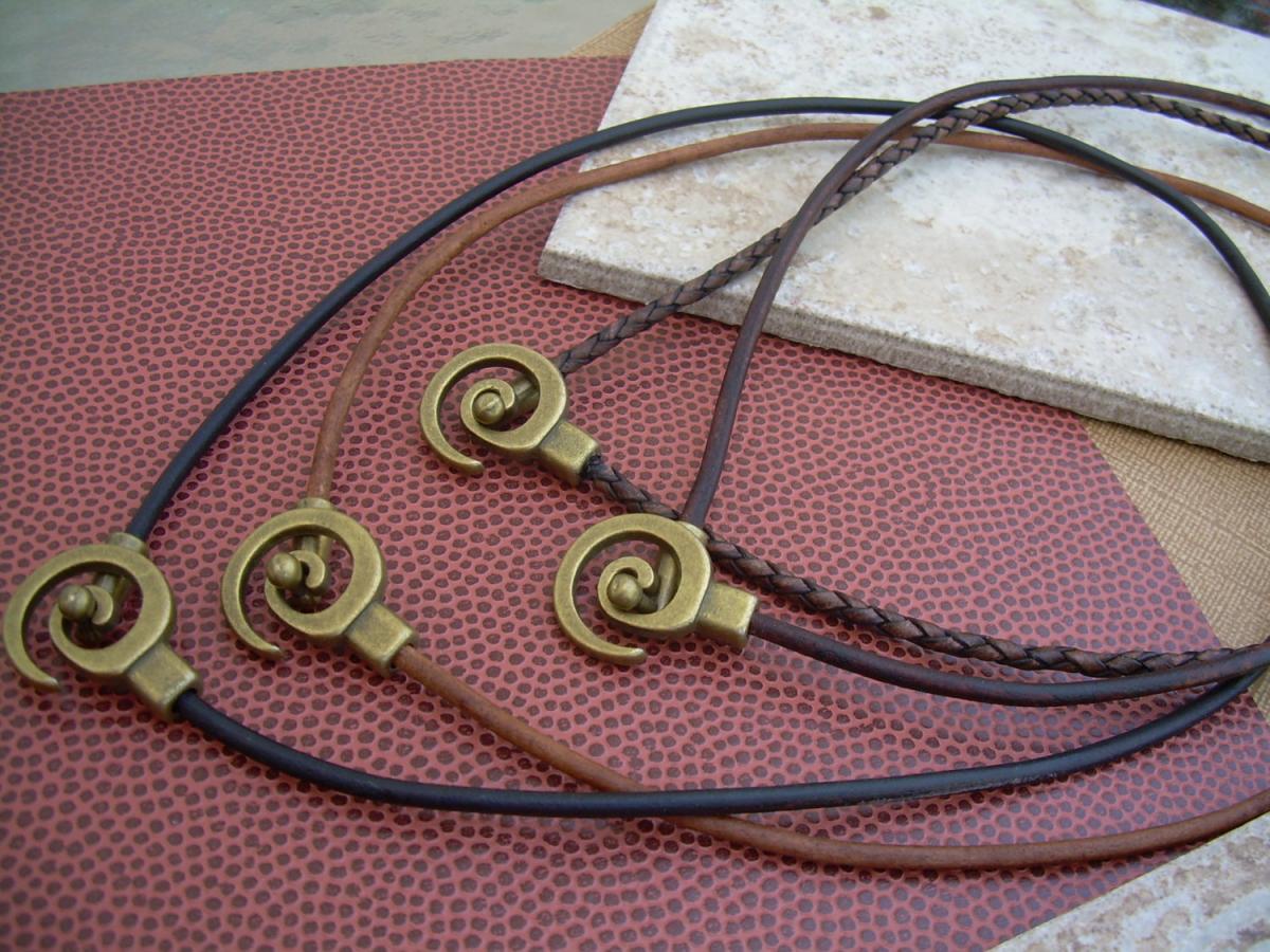 Leather Necklace Men's Women's Unisex - Antique Bronze -tribal Inspired Spiral Pendant Closure