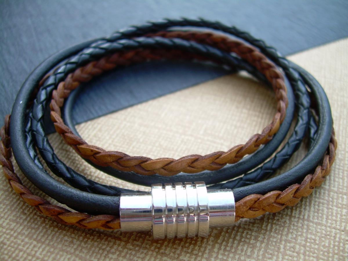 Mens Leather Bracelet, Triple Strand, Double Wrap With Stainless Steel Magnetic Clasp, Natural And Antique Black