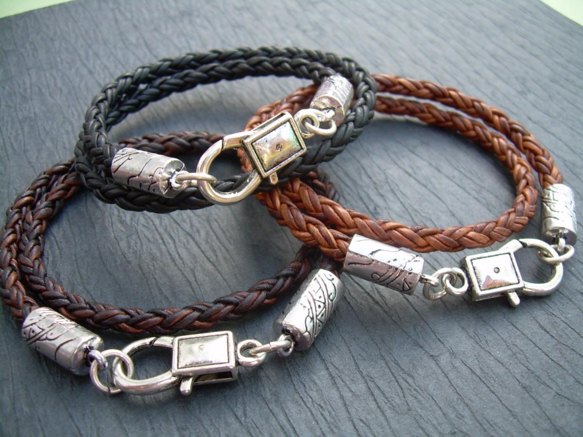Braided Leather Bracelet, Mens, Womens, Unisex , Double Wrap, Lobster Clasp