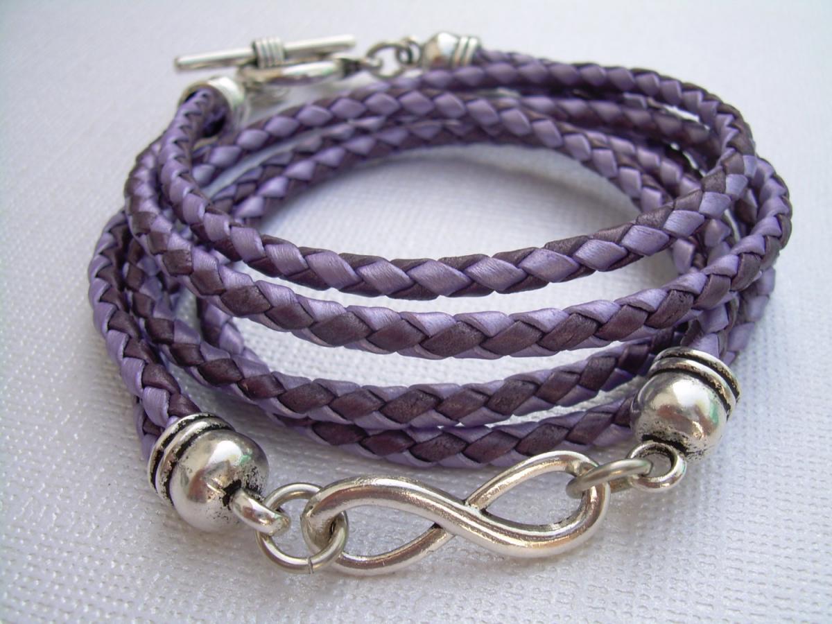 Leather Bracelet, Infinity Bracelet, Metallic Purple And Lavander, Braided, Toggle Closure, Triple Wrap