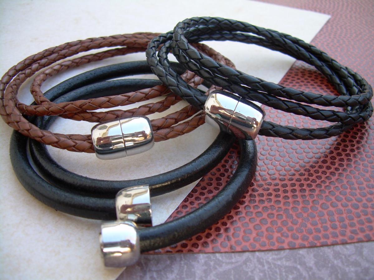 Mens Leather Bracelet - Double Wrap - With Stainless Steel Magnetic Clasp, Leather Bracelet, Mens Bracelet, Mens Jewelry, Mens Gift
