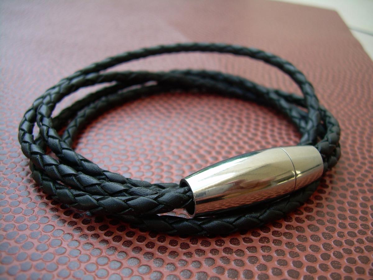 Double Black Braid Double Wrap Mens Leather Bracelet With Stainless Steel Magnetic Clasp, Leather Bracelet, Mens Bracelet, Mens Jewelry