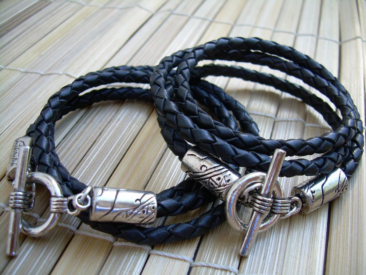 His And Hers Black Braided Leather Bracelets - 2 Pieces - 1 Pair - Triple Wrap - No Charge