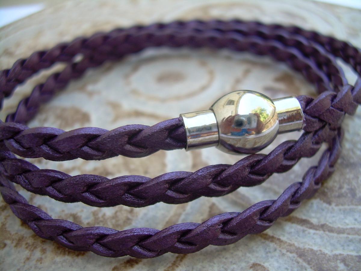 Womens Leather Bracelet, Flat Braided, Metallic Berry, Purple, With Stainless Steel Magnetic Clasp, Womens Bracelet, Womens Jewelry