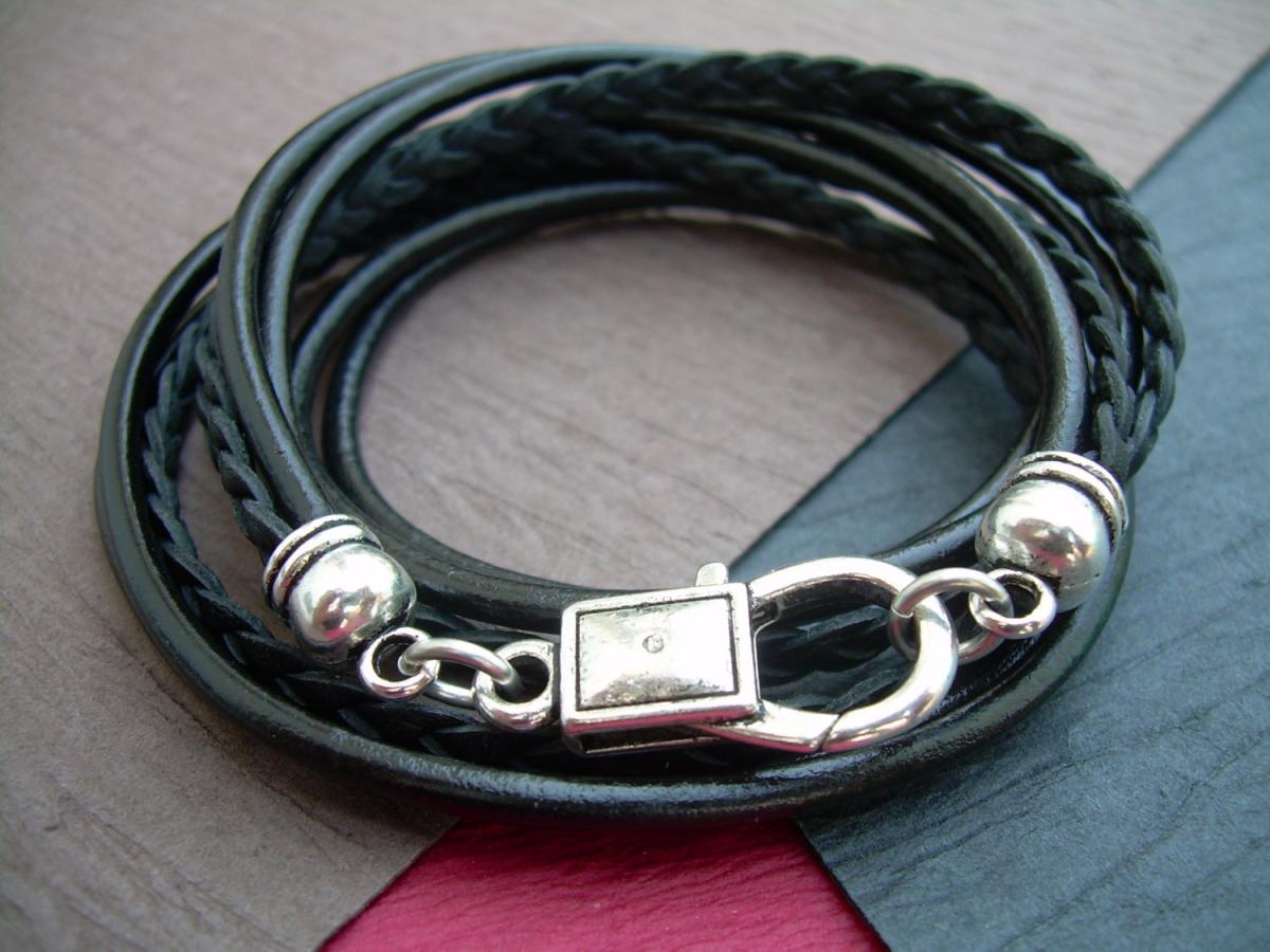 Leather Bracelet, Triple Wrap, Unisex, Mens, Womens, Black And Antique Silver, Mens Jewelry, Mens Bracelet, Womens Jewelry, Womens Bracelet