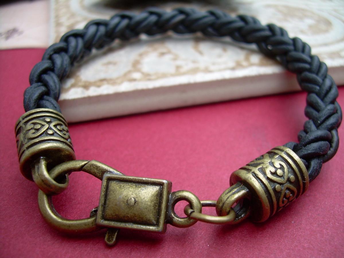Braided Leather Bracelet, Mens, Womens, Antique Bronze, Lobster Clasp, Natural Black, Mens Bracelet, Womens Bracelet