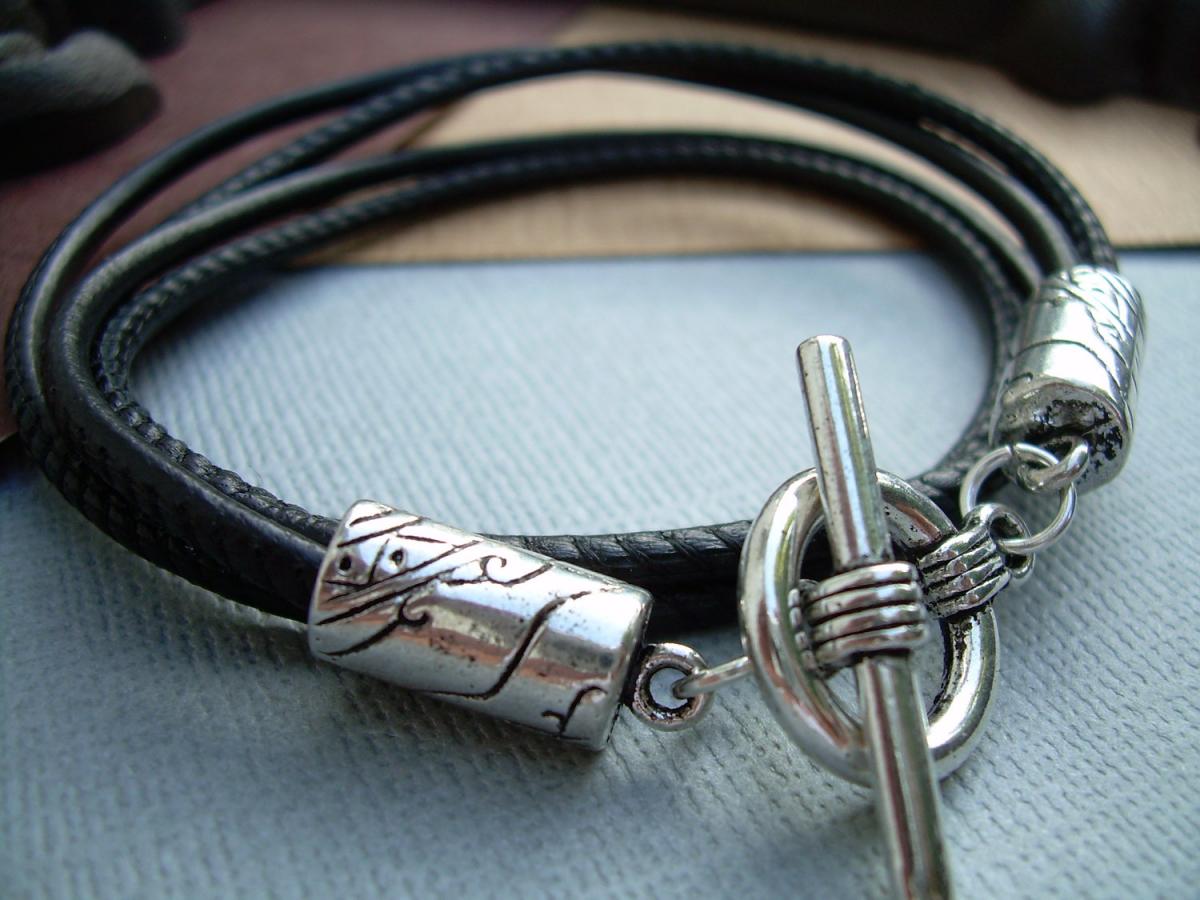 Mens Double Wrap Leather Bracelet , Stitched Premium Nappa Leather Bracelet