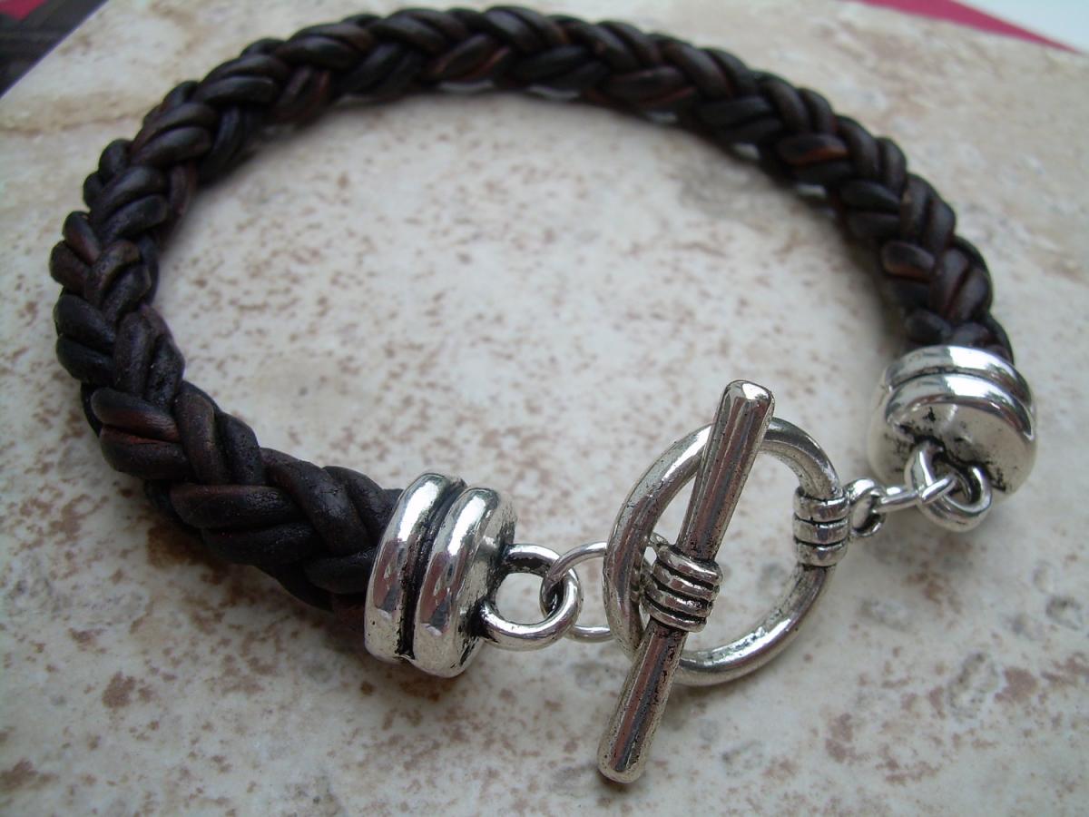Mens Leather Bracelet, Natural Antique Brown, With Toggle Clasp
