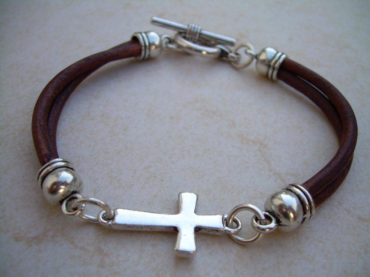 Leather Bracelet, Cross Bracelet, Men, Women , Unisex, Antique Brown