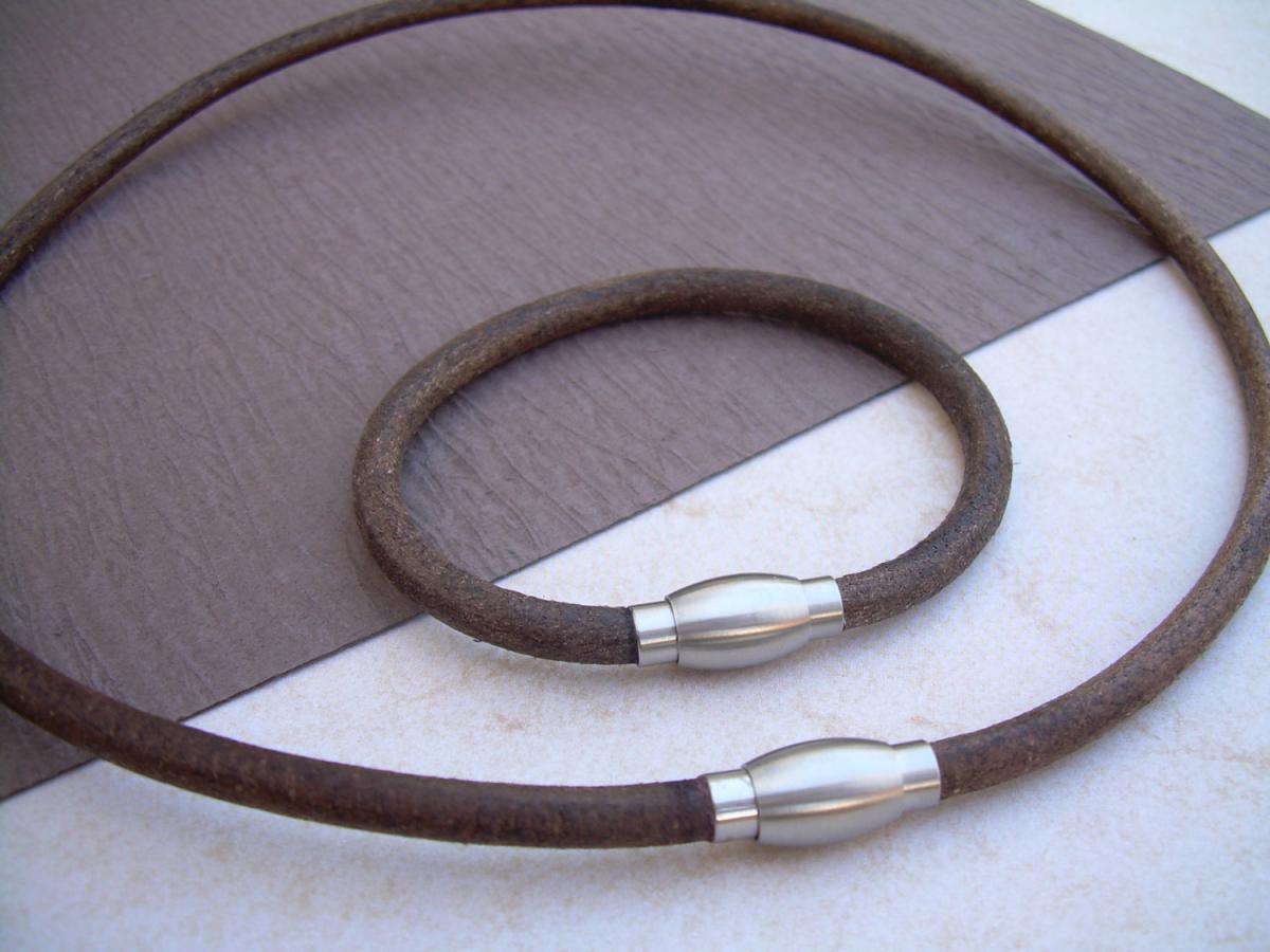 Leather Bracelet And Leather Necklace, Two Piece Set, Stainless Steel Magnetic Clasps, Mens Jewelry, Mens Bracelet, Mens Necklace