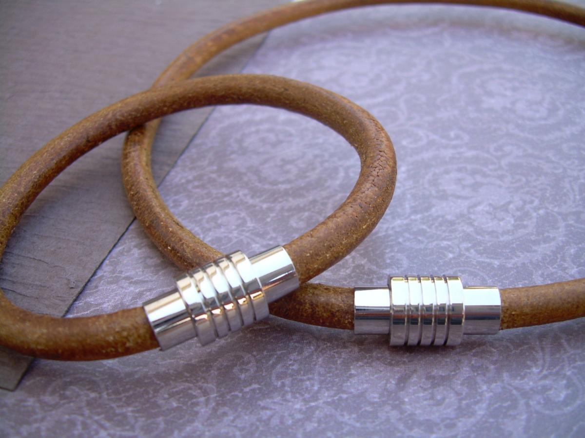 Leather Bracelet And Leather Necklace, Two Piece Set, Stainless Steel Magnetic Clasps, Mens, Natural