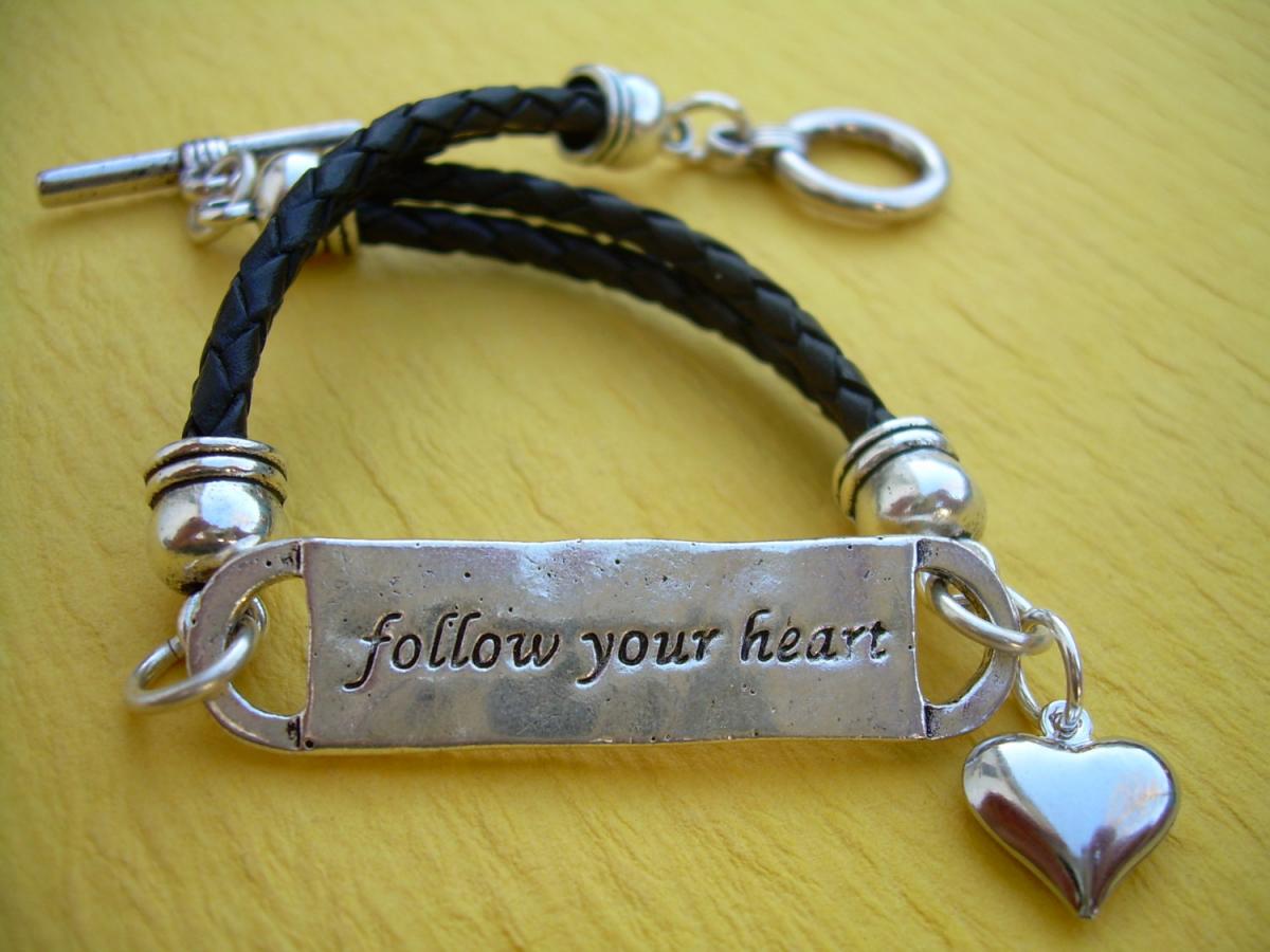 Leather Bracelet, Antique Silver/ Double Strand, Black Braid, Heart Charm, Follow Your Heart