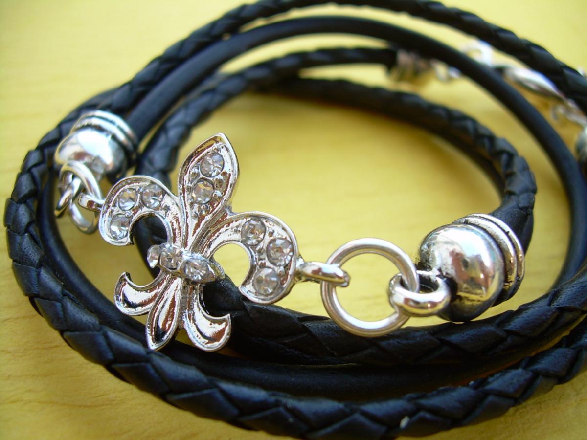Leather Bracelet, Antique Silver/ Double Strand Black, Crystal Fleur -de- Lis, Triple Wrap