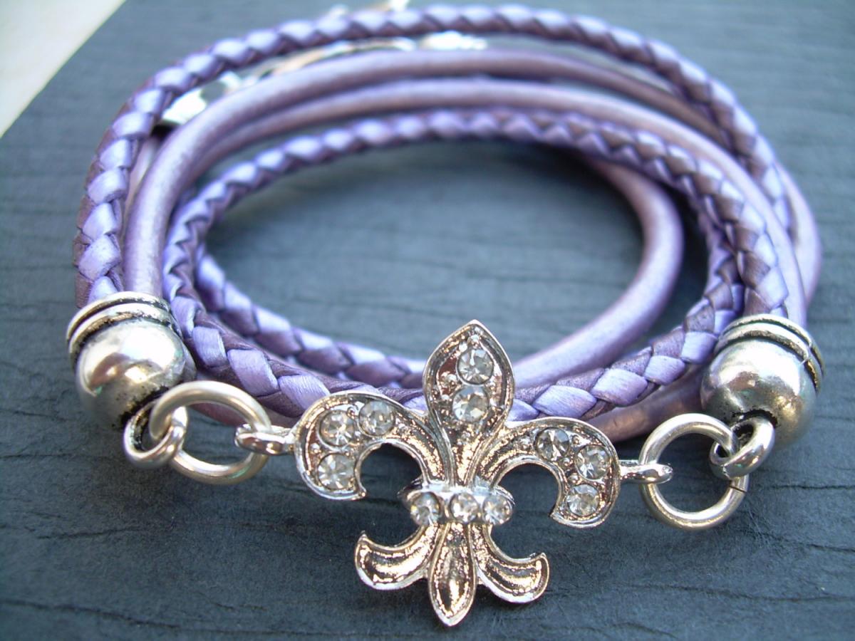 Triple Wrap Leather Bracelet, Antique Silver/ Double Strand Metallic Purple/ Lavander, Crystal Fleur -de- Lis
