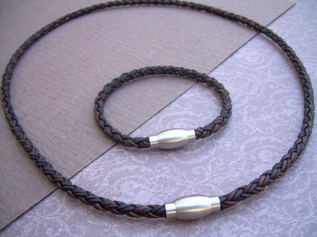 Leather Bracelet And Leather Necklace, Two Piece Set, Stainless Steel Magnetic Clasps, Mens, Ant Brown Braid