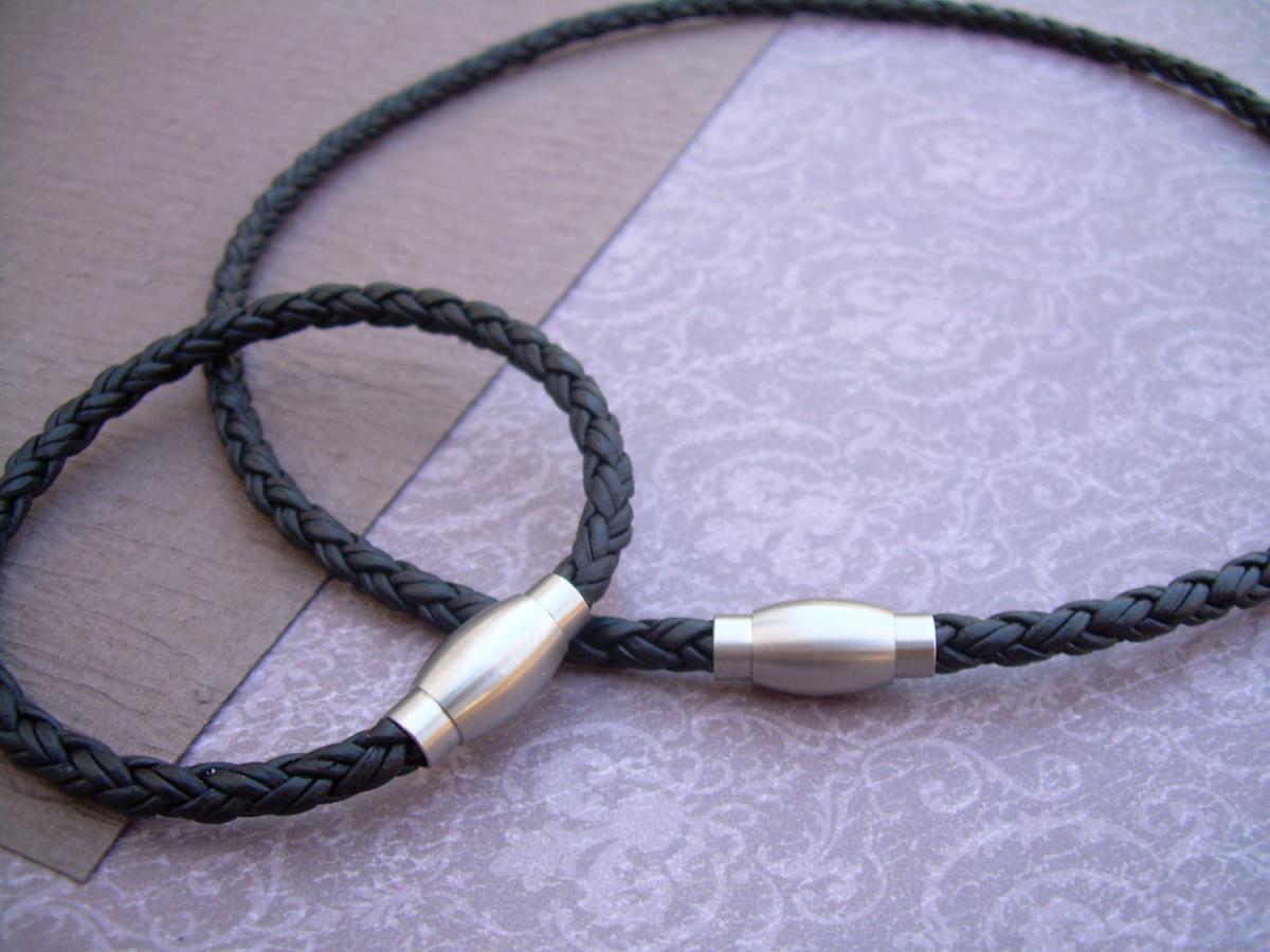 Leather Bracelet And Leather Necklace, Two Piece Set, Stainless Steel Magnetic Clasps, Mens, Natural Black Braid