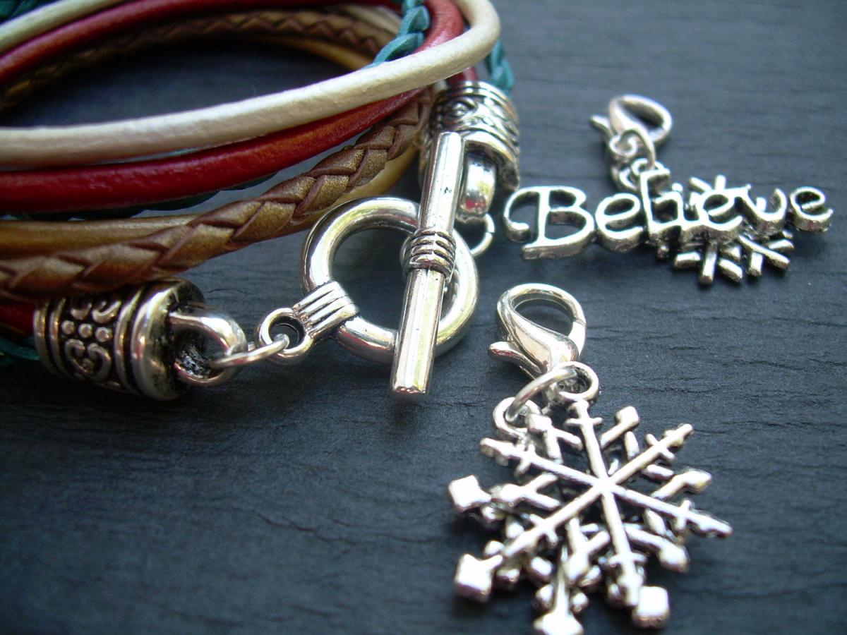 Womens Christmas Bracelet, Leather, Five Strand, Double Wrap, With 2 Lobster Clasp Charms