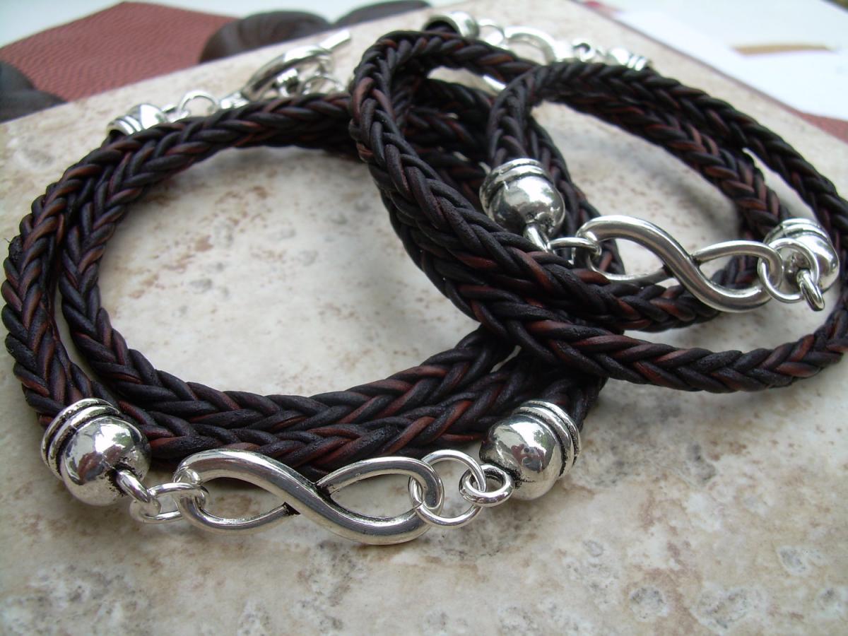 His And Hers Set Of Infinity Bracelets, Leather Bracelet, Mens, Womens, Natural Antique Brown Braided