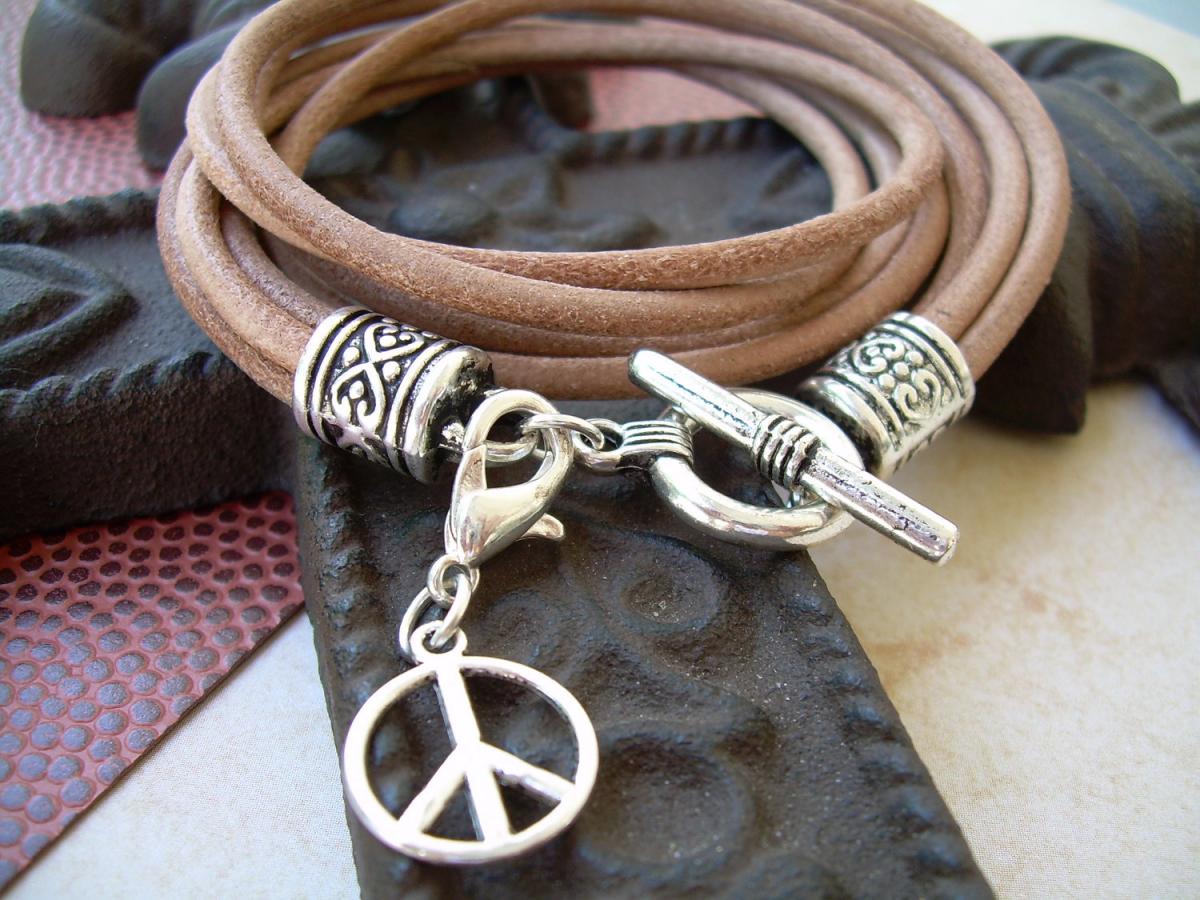 Womens Leather Bracelet Four Strand Double Wrap Natural With Loster Clasp Charm