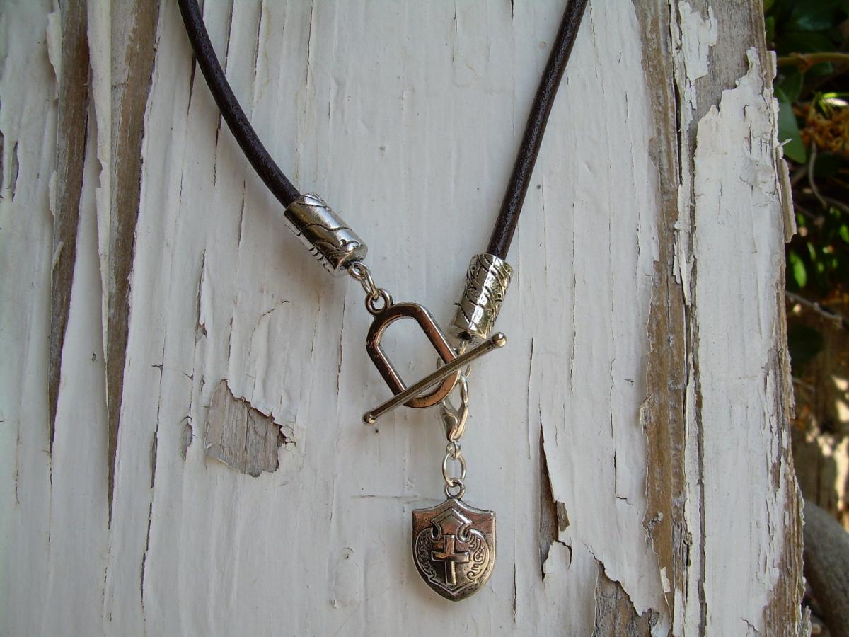 Toggle Closure Brown Leather Necklace Mens / Unisex - With Lobster Clasp Pendant