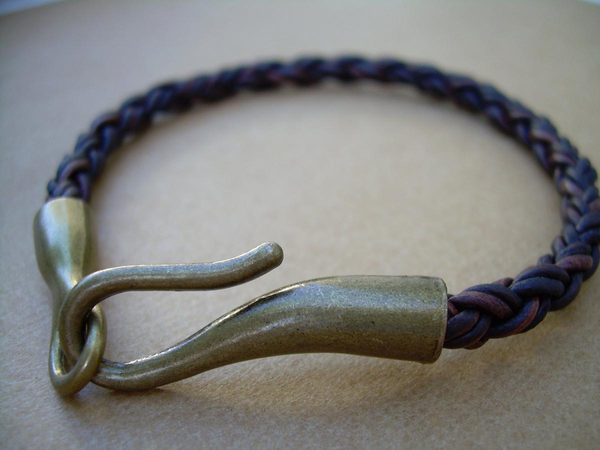 Unisex Mens Womens Braided Leather Bracelet - Natural Antique Brown - Bronze Hook Closure Clasp