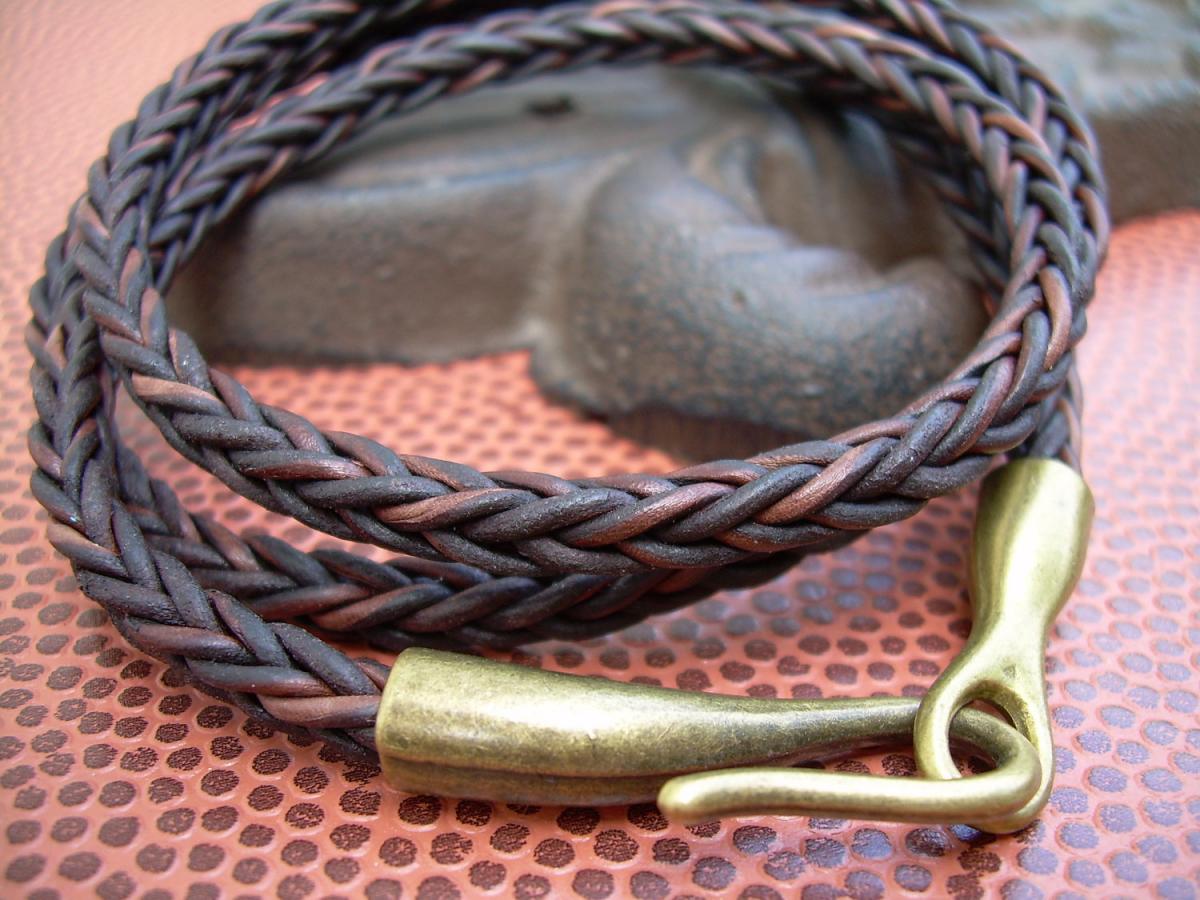 Unisex Mens Womens - Triple Wrap - Premium Leather Bracelet - Natural Antique Brown - Antique Bronze Hook Closure Clasp