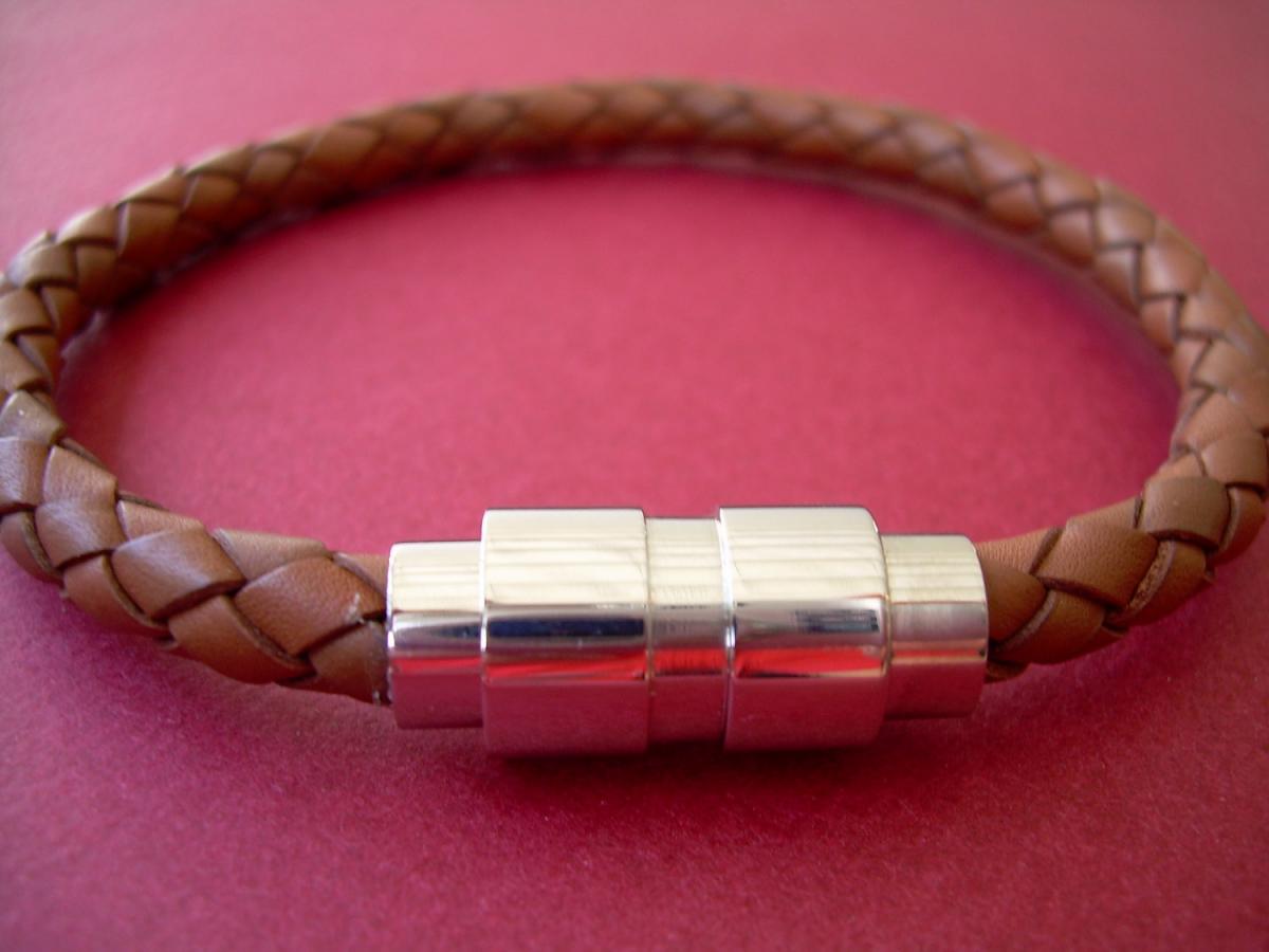 Leather Bracelet With Stainless Steel Magnetic Clasp Braided Saddle Color - Mb07 Urban Survival Gear Usa