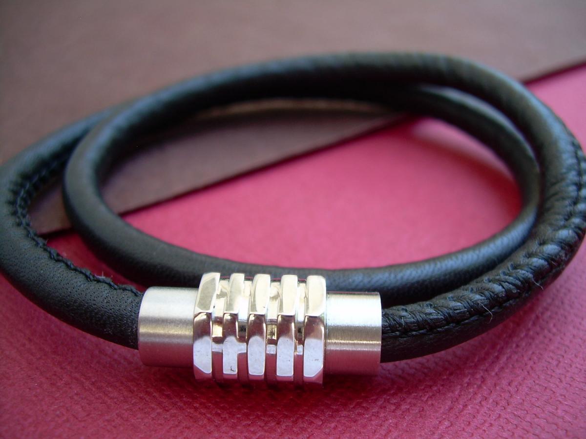Leather Bracelet With Stainless Steel Magnetic Clasp, Stitched Nappa Leather, Mens Leather Bracelet, Mens Bracelet, Mens Jewelry, Mens Gift