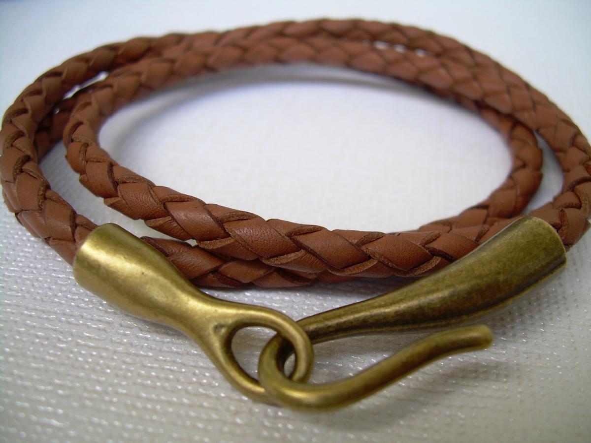 Antique Bronze Hook Closure Clasp Mens Womens Unisex Leather Bracelet Triple Wrap - Saddle Braid Tsb22 Urban Survival Gear Usa