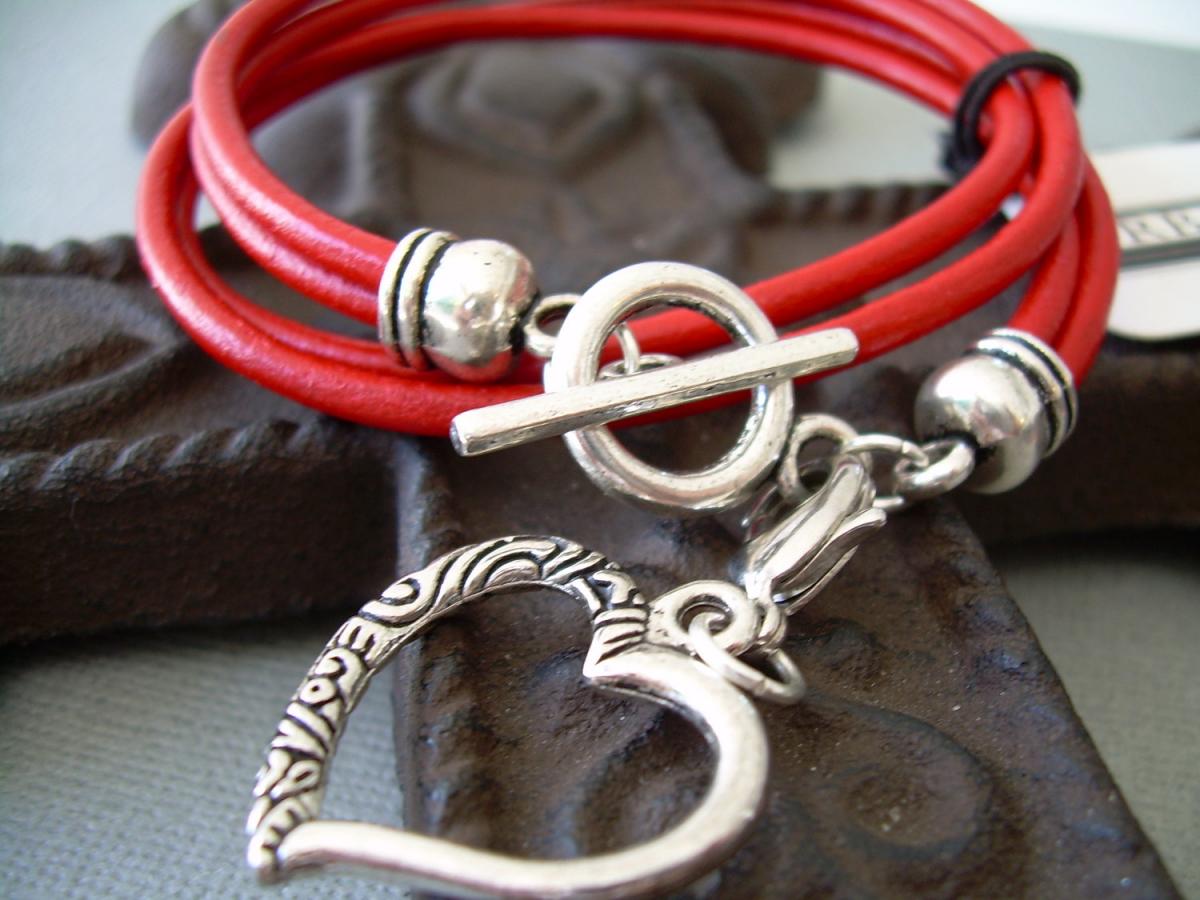 Womens Leather Bracelet, Double Strand, Double Wrap, Red, With Lobster Clasp Charm