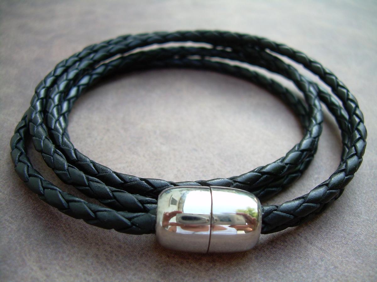 Mens Braided Leather Bracelet - Double Wrap - Double Strand - Black - With Stainless Steel Magnetic Clasp