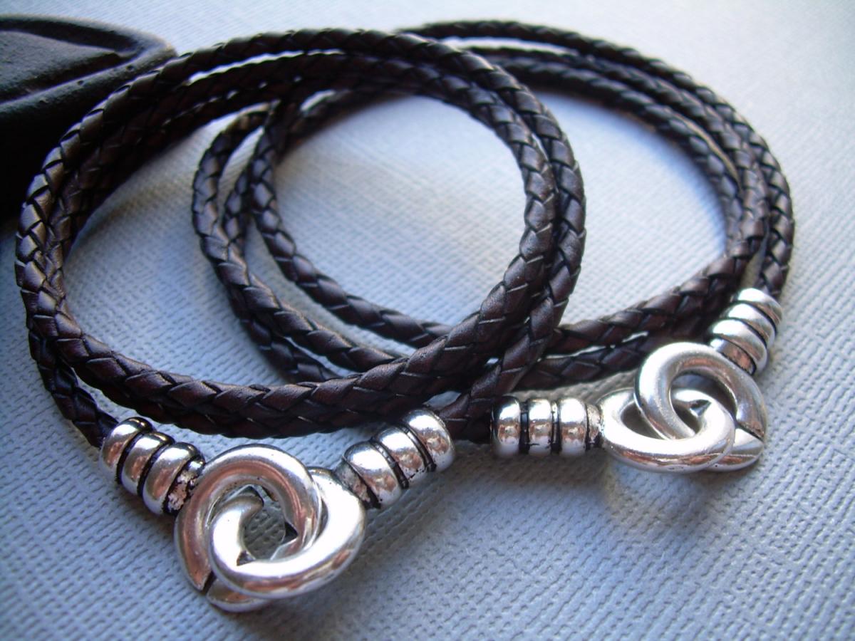 Leather Bracelet, Infinity Bracelet, His And Hers Set Of Infinity Bracelets,triple Wrap, Interlocking Clasp, Antique Brown Braid