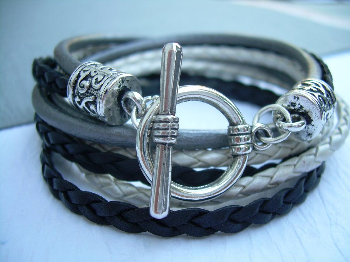 Womens Leather Bracelet , Black- Silver Gray-white, Triple Wrap, Triple Strands