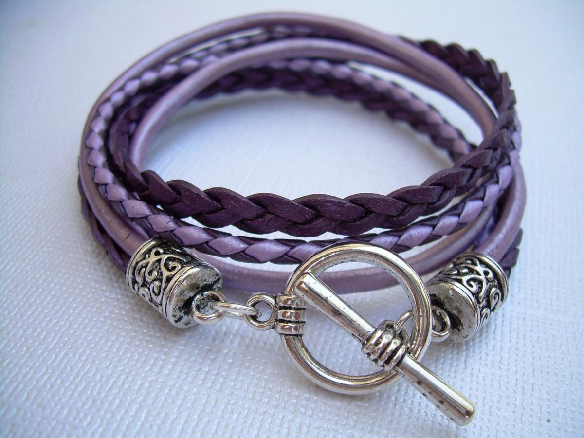 Womens Leather Bracelet , Toggle Closure, Metallic Purple, Lavender, Pink,violet, Double Wrap