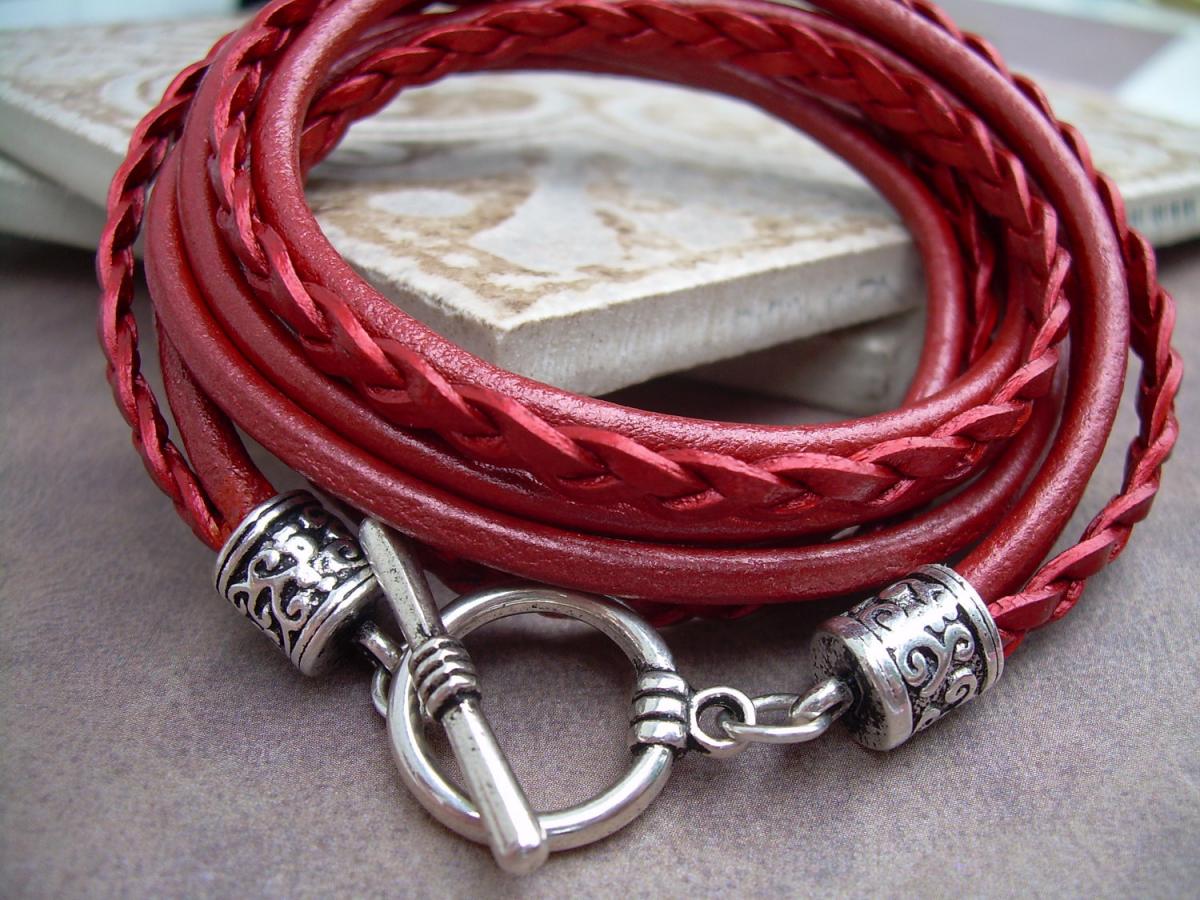 Womens Leather Bracelet , Triple Wrap, Triple Strands, Metallic Red