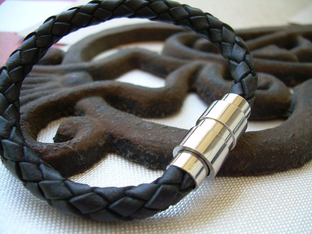 Black Braided Mens Leather Bracelet With Stainless Steel Magnetic Clasp - Mb12 Urban Survival Gear Usa