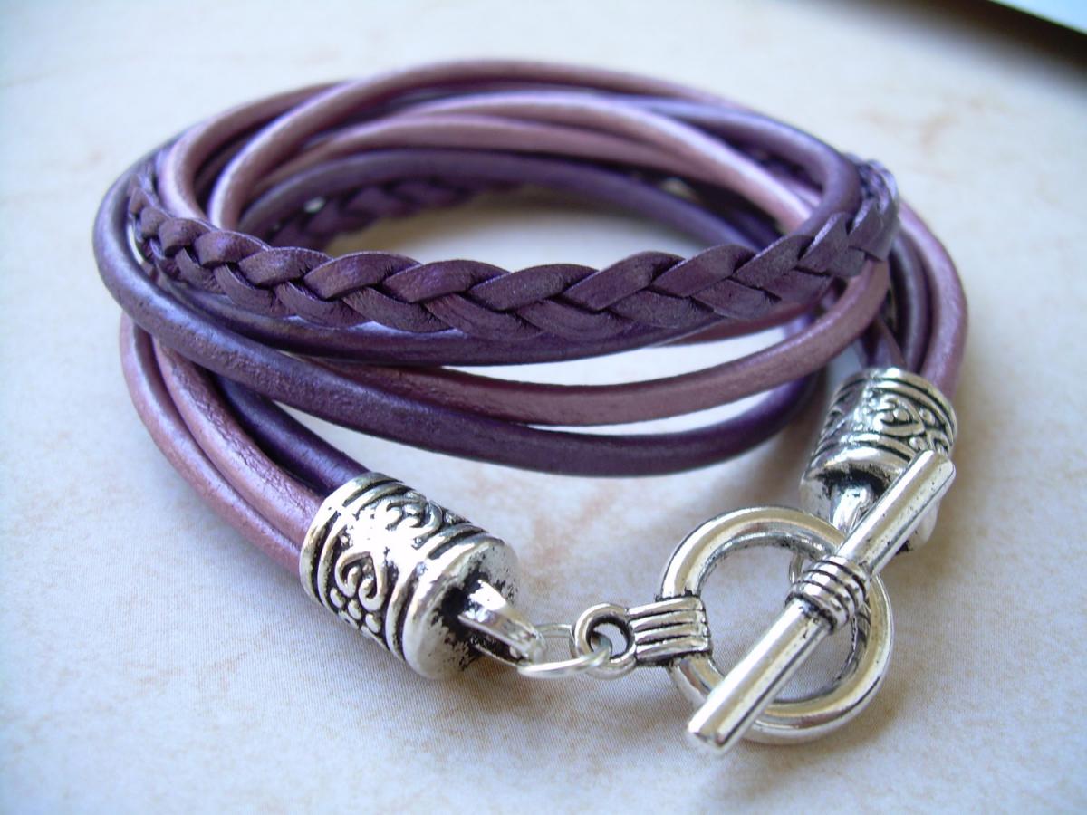 Womens Leather Bracelet, Five Strand, Double Wrap, Metallic Berry And Fruit Punch
