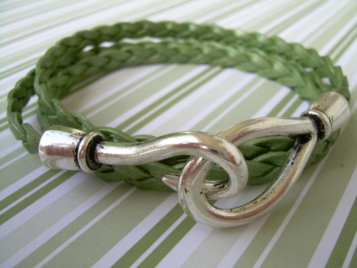 Womens Leather Bracelet Triple Wrap Metallic Green Flat Braided