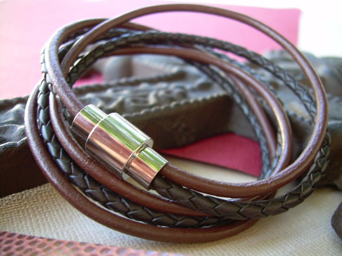 Chocolate And Brown Braid Mens Triple Wrap Leather Bracelet With Stainless Steel Magnetic Clasp