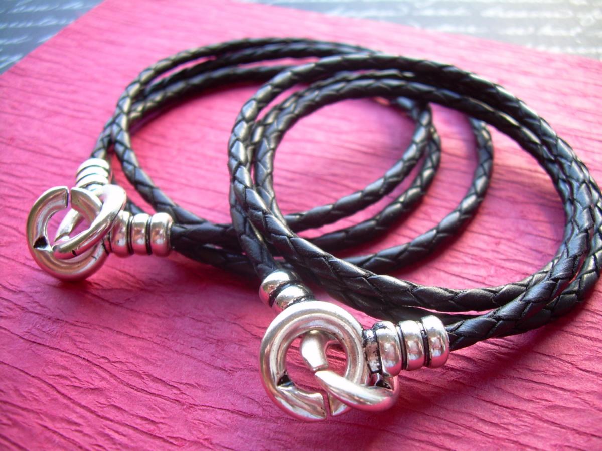 His And Hers Set Of Infinity Bracelets, Leather Bracelet, Triple Wrap, Interlocking Clasp, Mens, Womens, Black Braid ,