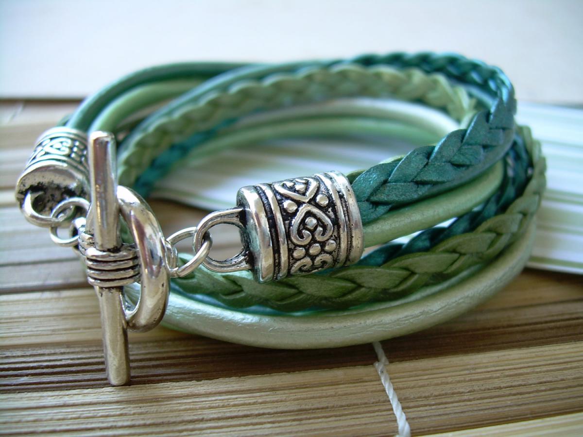 Womens Leather Bracelet, Five Strand, Double Wrap, Metallic Teal And Turquoise