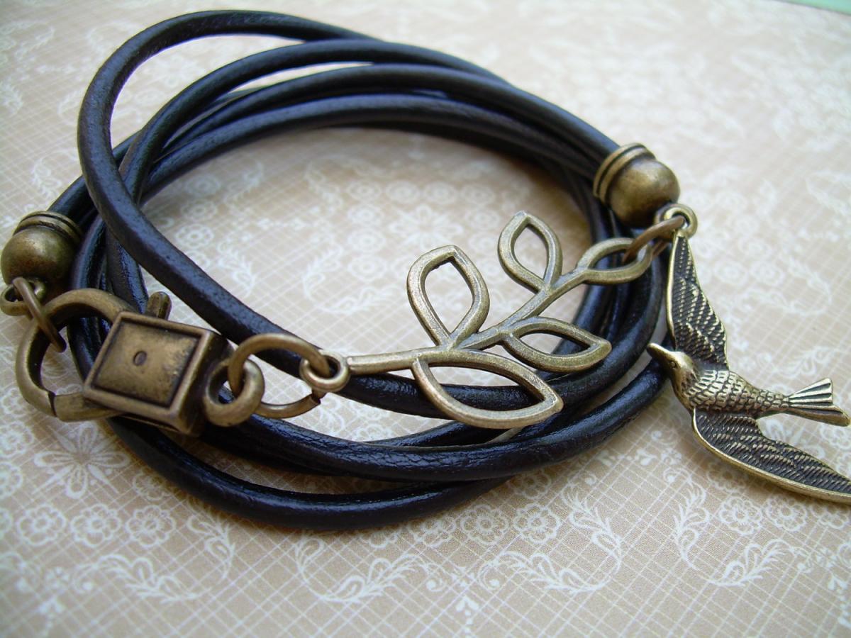 Womens Black Leather Bracelet, Antique Bronze,triple Wrap