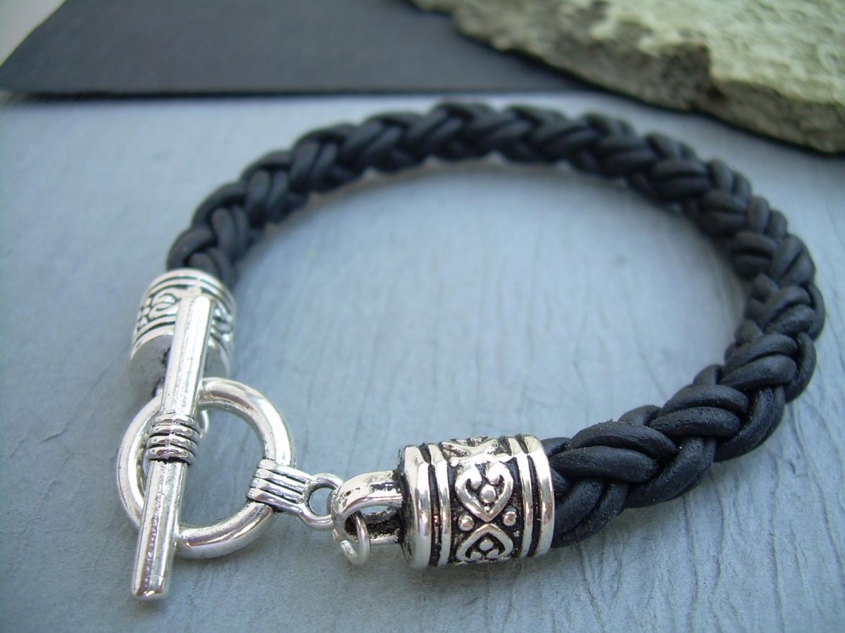 Womens Leather Bracelet, Thick Natural Black Braid, Toggle Clasp