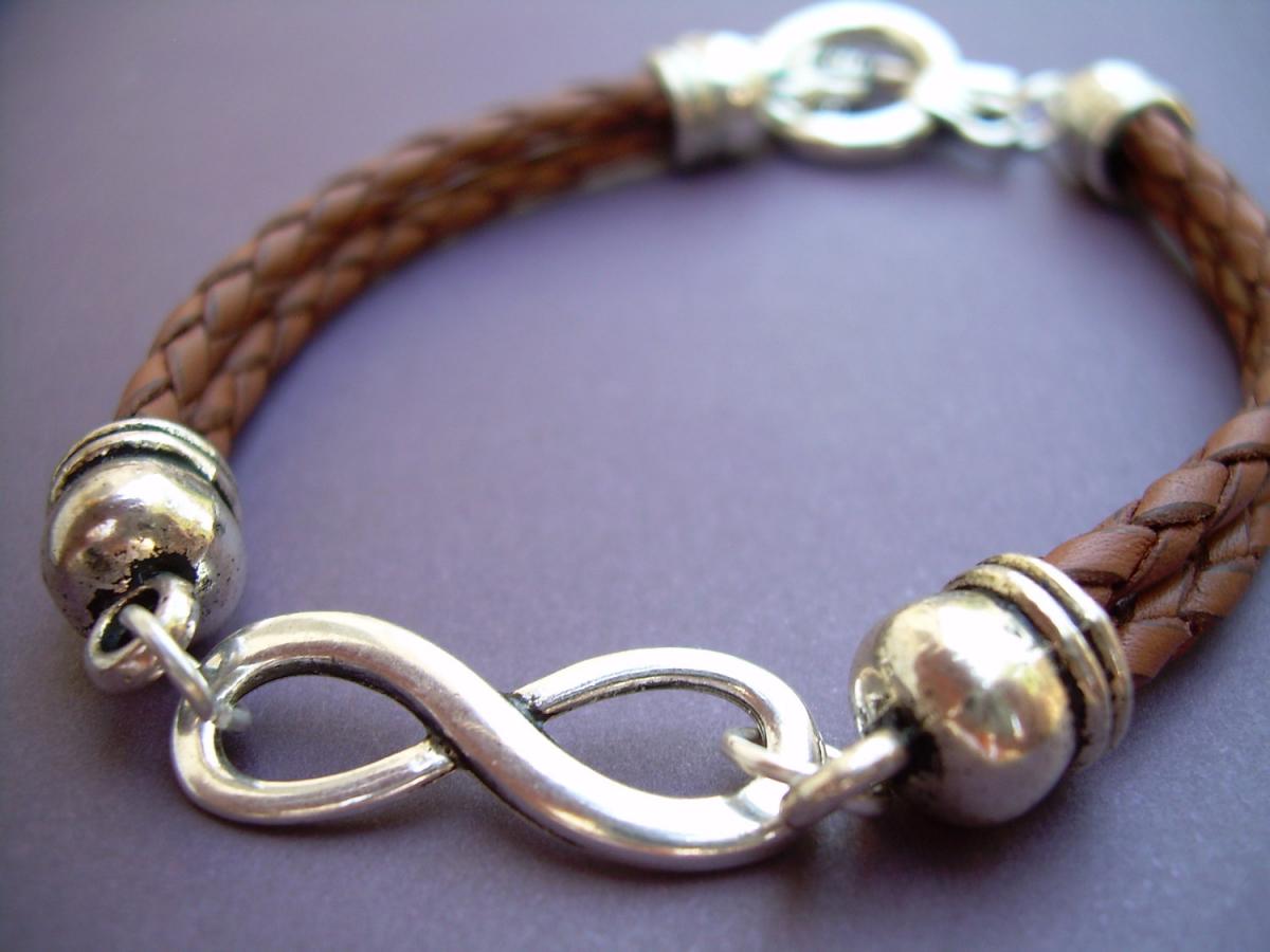 Infinity Bracelet, Leather Bracelet, Mens, Womens, Saddle Braided