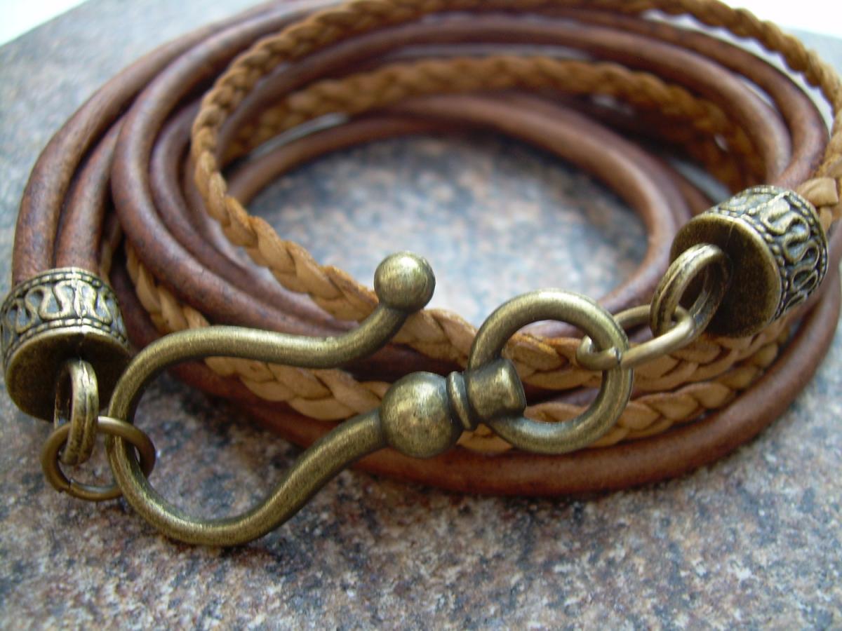 Unisex, Mens, Womens, Leather Bracelet, Antique Bronze Hook Clasp, Light Antique Brown/ Natural